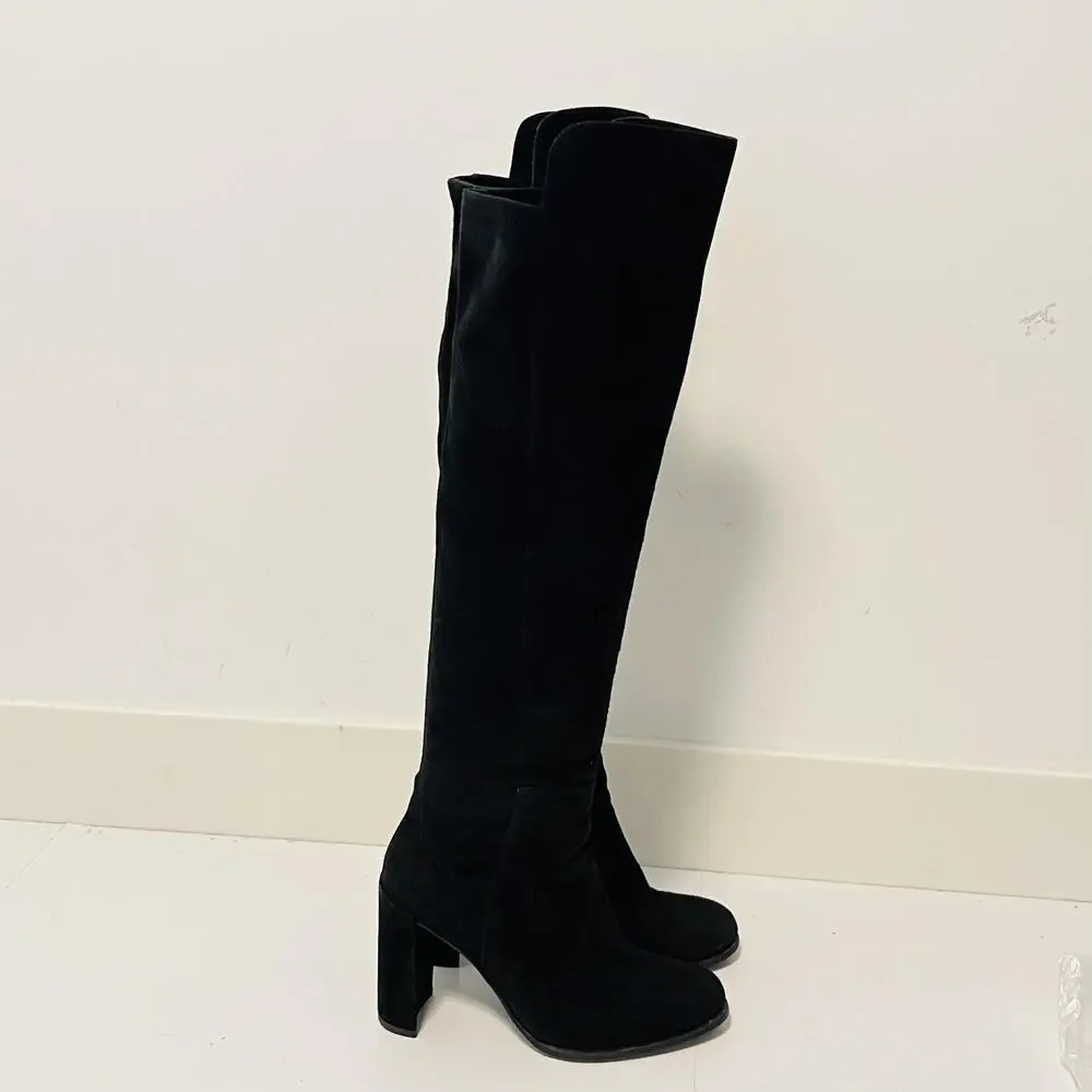 Stuart Weitzman Boots Womens 6 Black Suede Thigh High Over Knee Zip Block Heel
